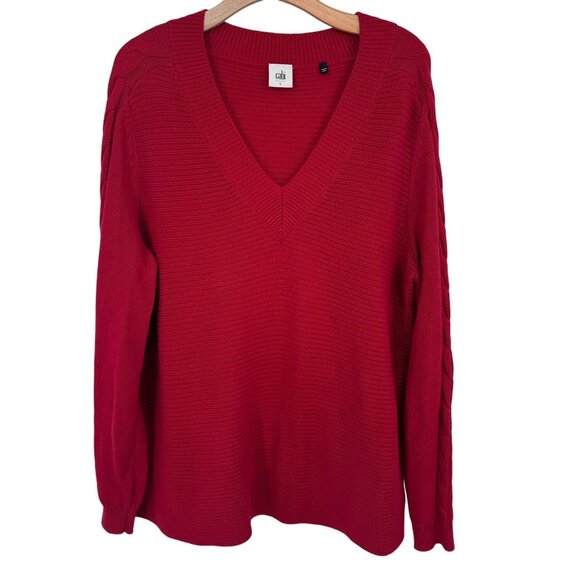 Cabi standout Red V-Neck Sweater size large ribbed Cable Knit Sleeves womens - Picture 2 of 12